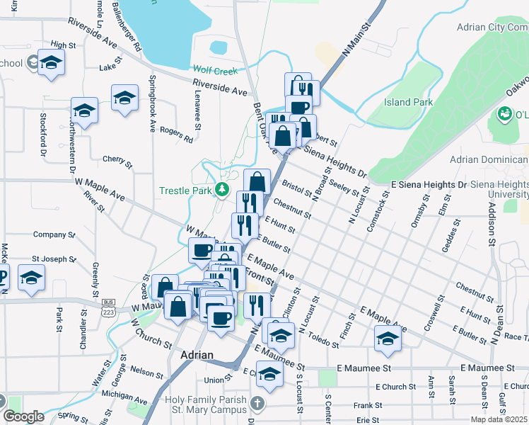 map of restaurants, bars, coffee shops, grocery stores, and more near 604 North Main Street in Adrian