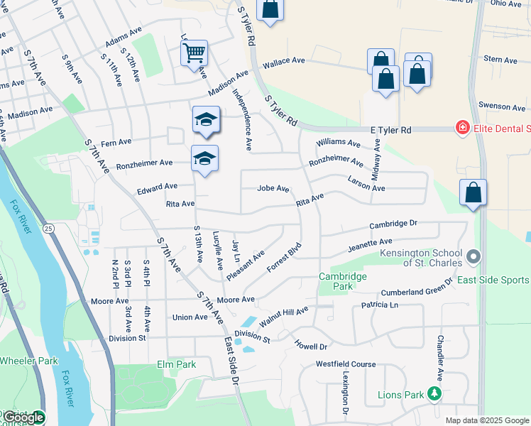 map of restaurants, bars, coffee shops, grocery stores, and more near 1521 Rita Avenue in St. Charles