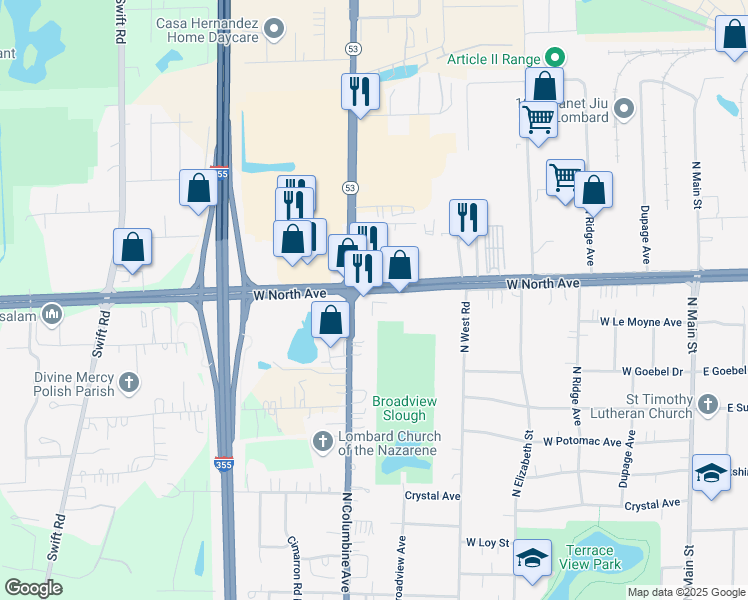 map of restaurants, bars, coffee shops, grocery stores, and more near 551 West North Avenue in Lombard