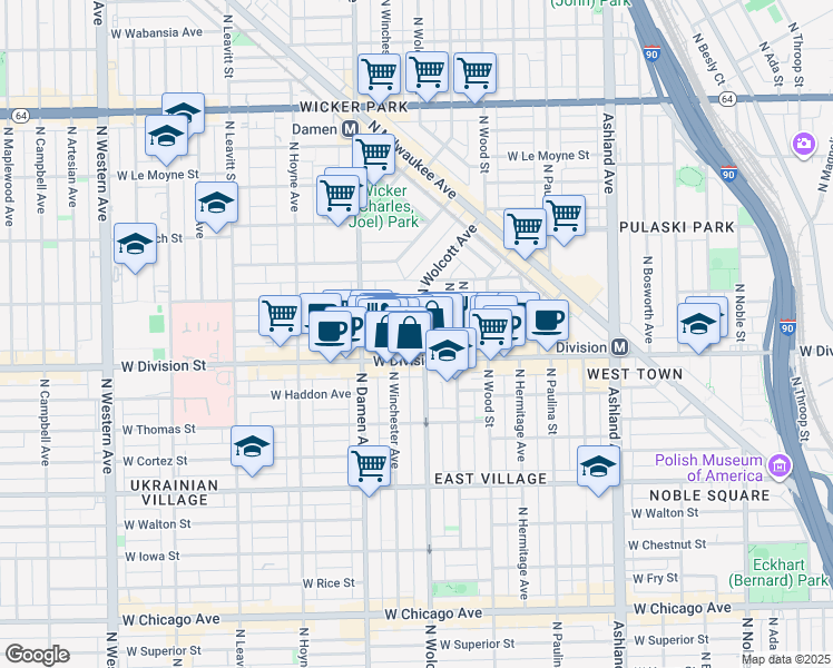 map of restaurants, bars, coffee shops, grocery stores, and more near 1222 North Wolcott Avenue in Chicago