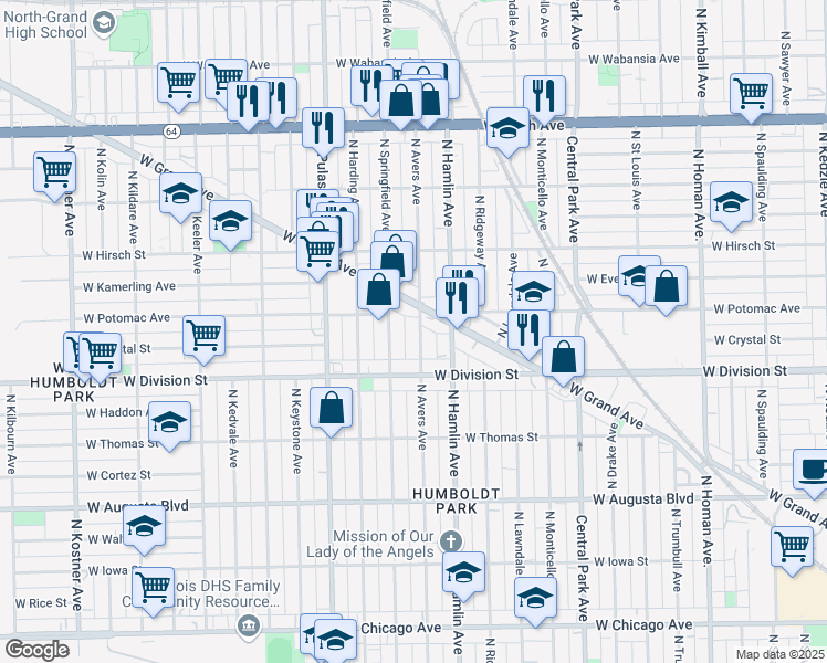 map of restaurants, bars, coffee shops, grocery stores, and more near 1240 North Avers Avenue in Chicago