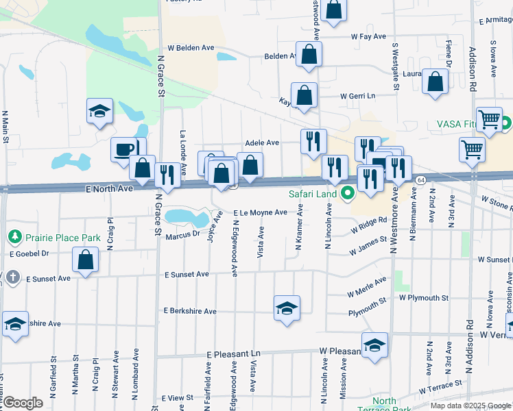 map of restaurants, bars, coffee shops, grocery stores, and more near 622 East Le Moyne Avenue in Lombard