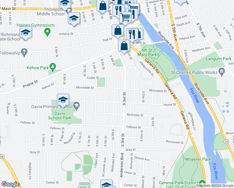 map of restaurants, bars, coffee shops, grocery stores, and more near 1014 South 4th Street in St. Charles