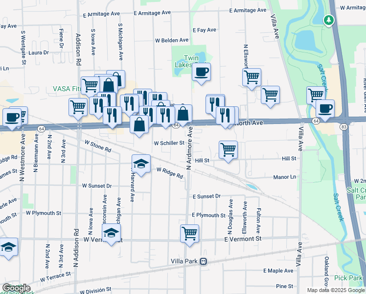 map of restaurants, bars, coffee shops, grocery stores, and more near 726 North Ardmore Avenue in Villa Park