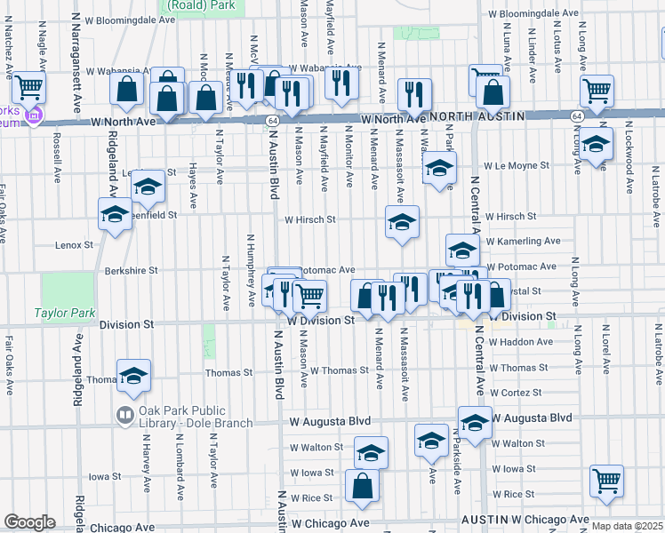 map of restaurants, bars, coffee shops, grocery stores, and more near 1301 North Mayfield Avenue in Chicago