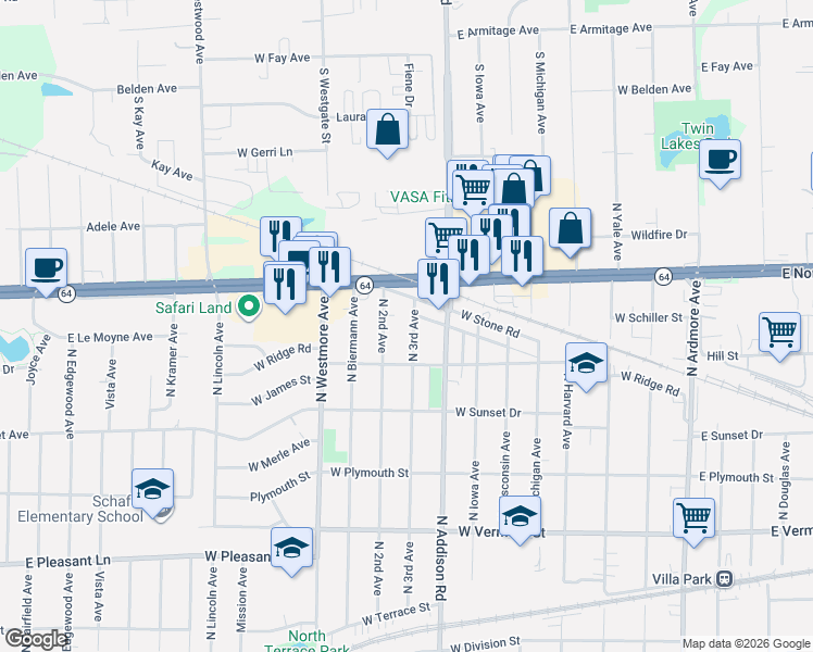 map of restaurants, bars, coffee shops, grocery stores, and more near 732 North 3rd Avenue in Villa Park