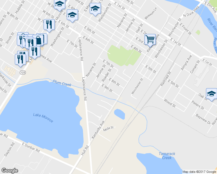 map of restaurants, bars, coffee shops, grocery stores, and more near 835 Reisig Street in Monroe
