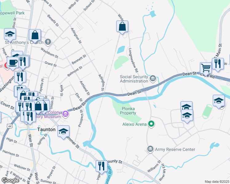map of restaurants, bars, coffee shops, grocery stores, and more near 56 Dean Street in Taunton