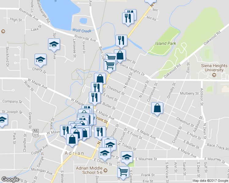 map of restaurants, bars, coffee shops, grocery stores, and more near 144 Chestnut Street in Adrian