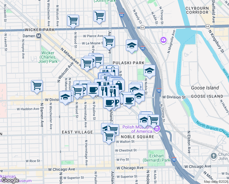 map of restaurants, bars, coffee shops, grocery stores, and more near 1209 North Milwaukee Avenue in Chicago