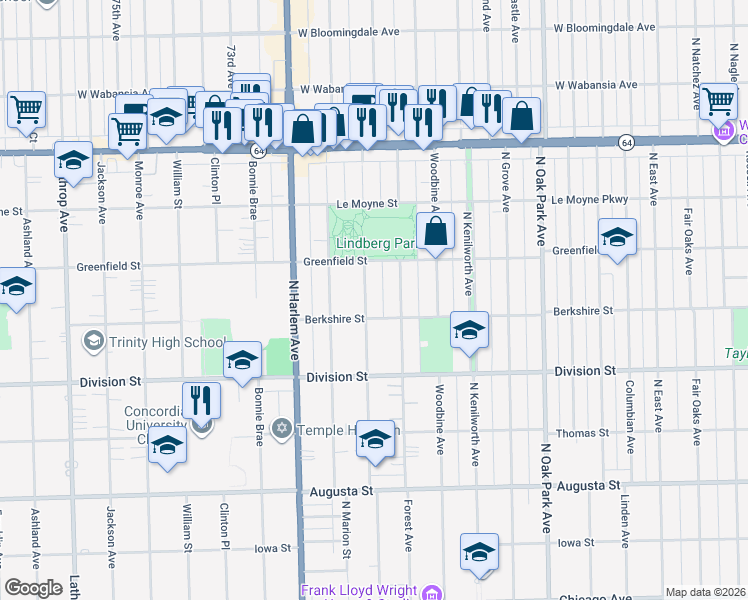 map of restaurants, bars, coffee shops, grocery stores, and more near 1014 Belleforte Avenue in Oak Park
