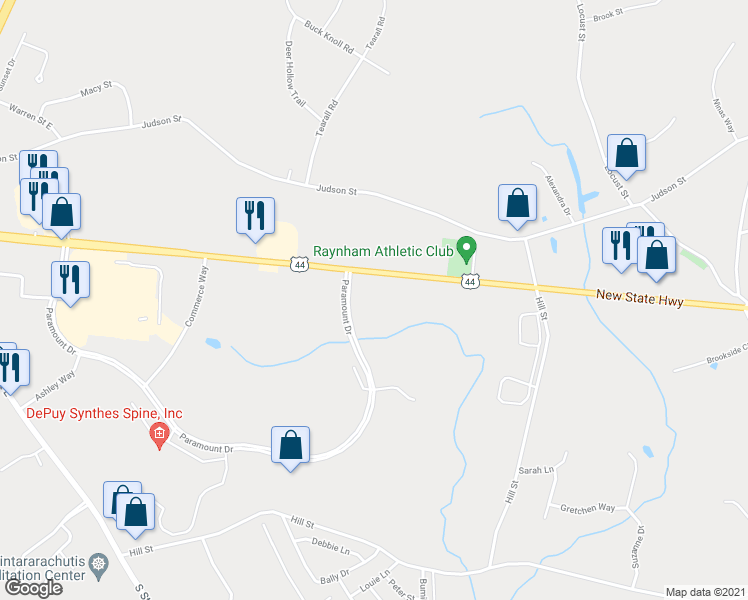 map of restaurants, bars, coffee shops, grocery stores, and more near 675 Paramount Drive in Raynham