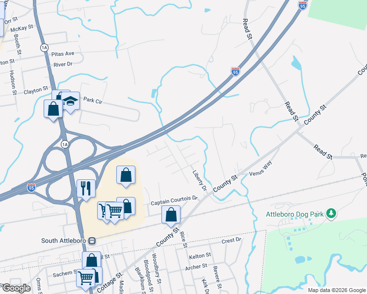 map of restaurants, bars, coffee shops, grocery stores, and more near 40 Lucien Drive in Attleboro