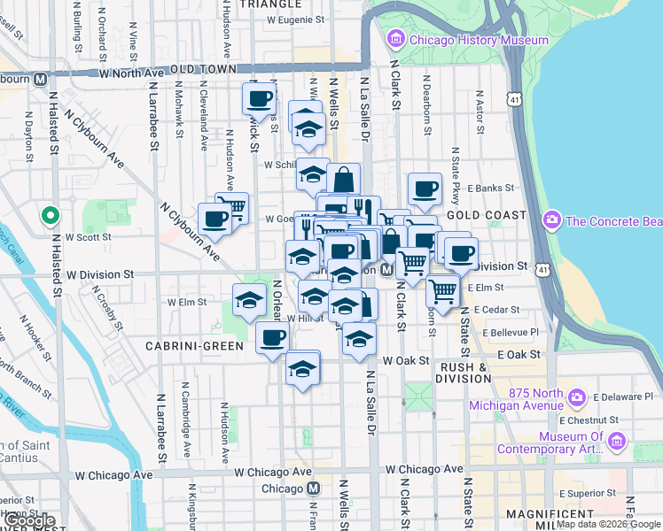 map of restaurants, bars, coffee shops, grocery stores, and more near in Chicago