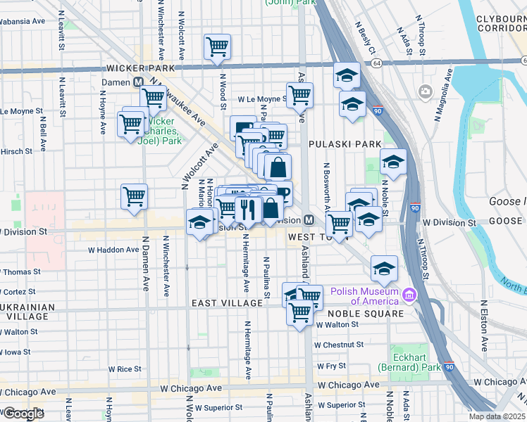 map of restaurants, bars, coffee shops, grocery stores, and more near in Chicago