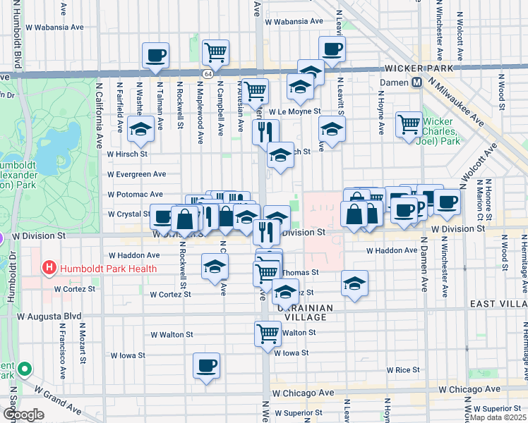 map of restaurants, bars, coffee shops, grocery stores, and more near 1243 North Western Avenue in Chicago