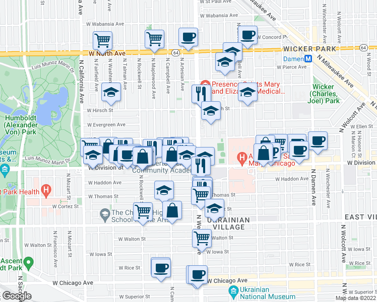 map of restaurants, bars, coffee shops, grocery stores, and more near 1228 North Artesian Avenue in Chicago