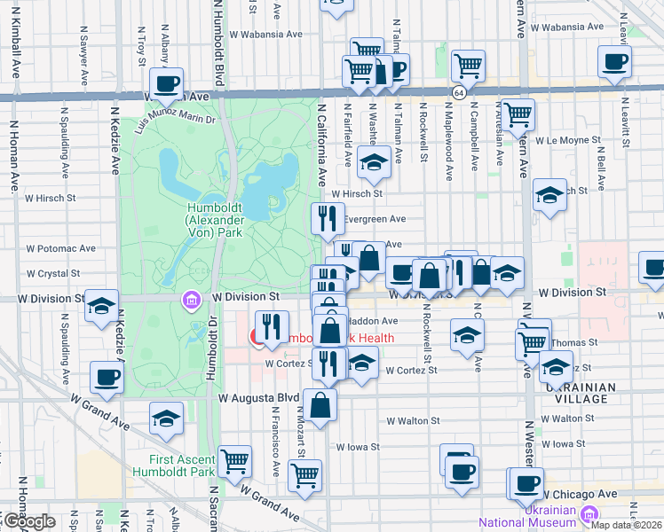 map of restaurants, bars, coffee shops, grocery stores, and more near 1257 North California Avenue in Chicago