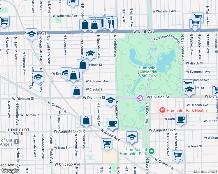 map of restaurants, bars, coffee shops, grocery stores, and more near 3228 West Crystal Street in Chicago