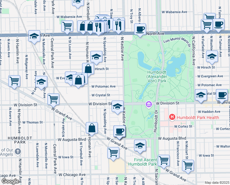 map of restaurants, bars, coffee shops, grocery stores, and more near 3228 West Crystal Street in Chicago