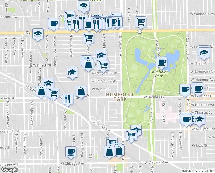 map of restaurants, bars, coffee shops, grocery stores, and more near 3300 West Crystal Street in Chicago