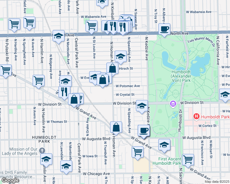 map of restaurants, bars, coffee shops, grocery stores, and more near 3342 West Crystal Street in Chicago