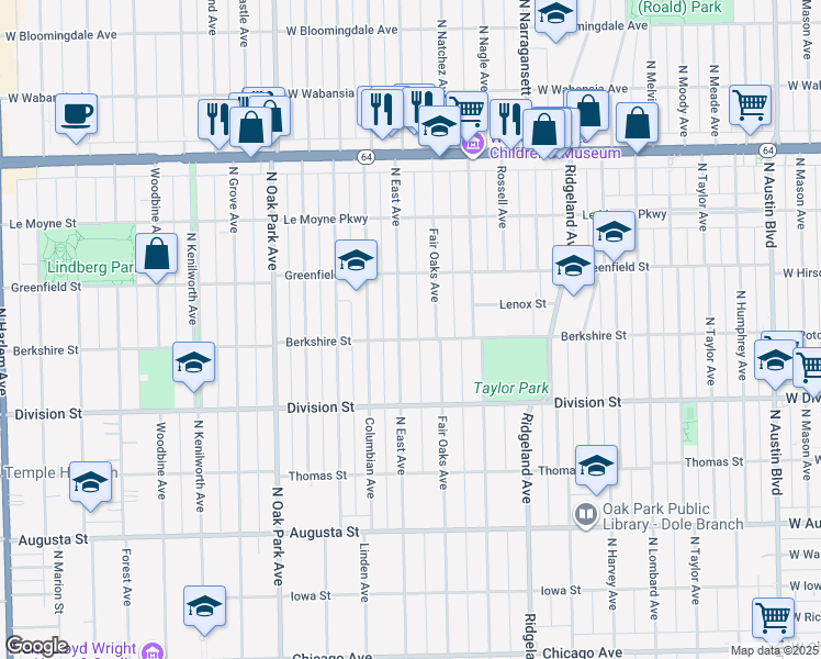 map of restaurants, bars, coffee shops, grocery stores, and more near 1005 Fair Oaks Avenue in Oak Park