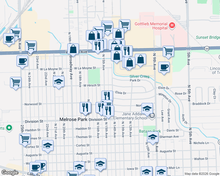 map of restaurants, bars, coffee shops, grocery stores, and more near 1639 North 15th Avenue in Melrose Park