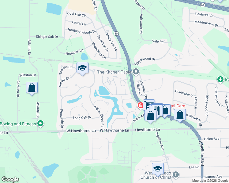 map of restaurants, bars, coffee shops, grocery stores, and more near 1204 Kings Circle in West Chicago