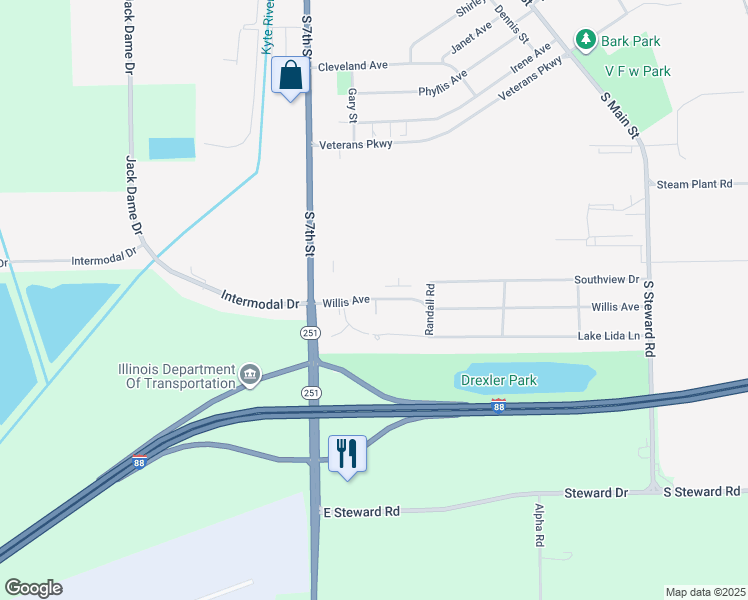 map of restaurants, bars, coffee shops, grocery stores, and more near 430 Willis Avenue in Rochelle