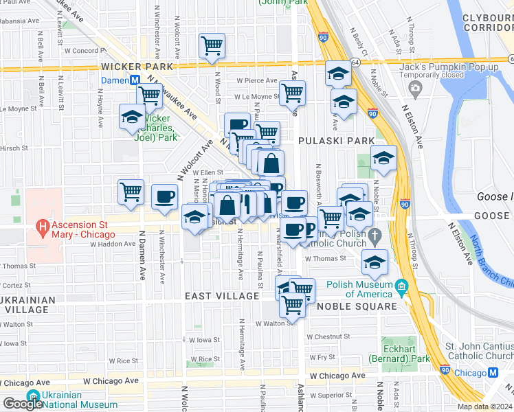 map of restaurants, bars, coffee shops, grocery stores, and more near 1221 North Paulina Street in Chicago