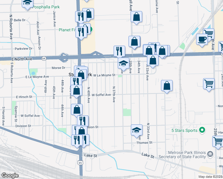 map of restaurants, bars, coffee shops, grocery stores, and more near 1710 North 37th Avenue in Stone Park