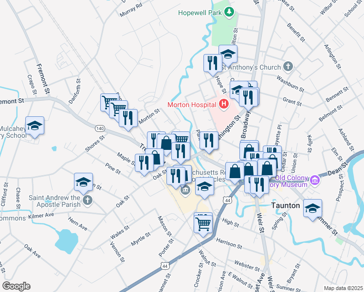 map of restaurants, bars, coffee shops, grocery stores, and more near 30 Washington Street in Taunton