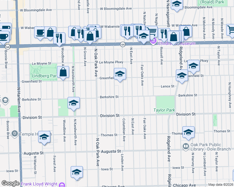 map of restaurants, bars, coffee shops, grocery stores, and more near 1006 Linden Avenue in Oak Park