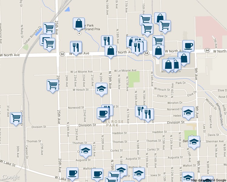 map of restaurants, bars, coffee shops, grocery stores, and more near 1645 North 19th Avenue in Melrose Park