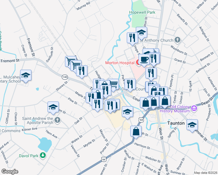 map of restaurants, bars, coffee shops, grocery stores, and more near 17 Hodges Avenue in Taunton