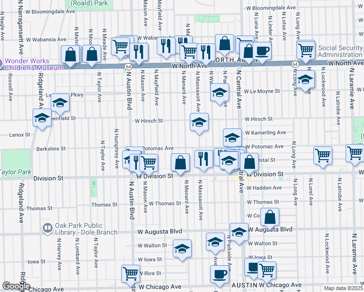 map of restaurants, bars, coffee shops, grocery stores, and more near 1300 N Menard Ave in Chicago