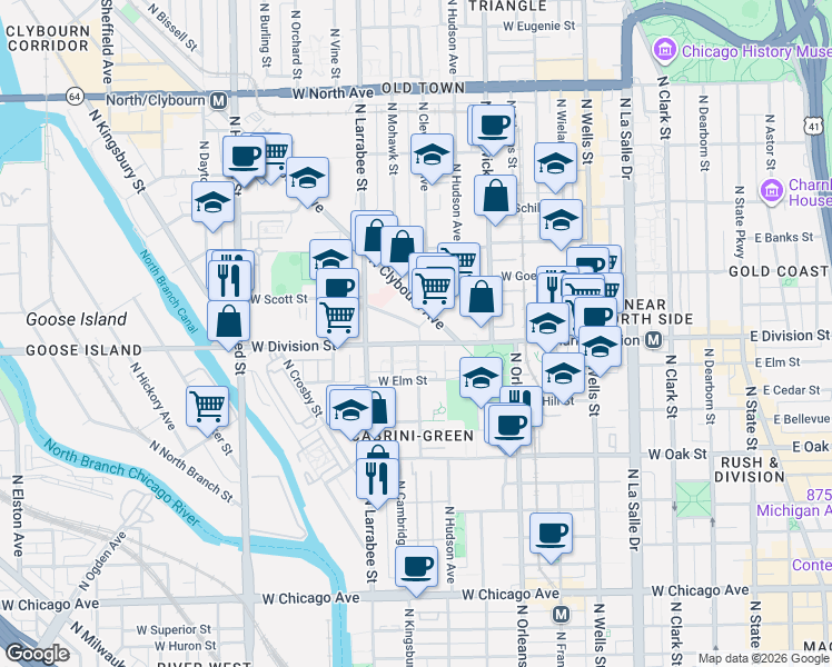 map of restaurants, bars, coffee shops, grocery stores, and more near 510 West Division Street in Chicago