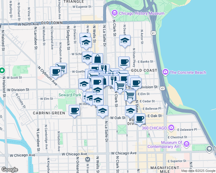 map of restaurants, bars, coffee shops, grocery stores, and more near 1201 North La Salle Drive in Chicago