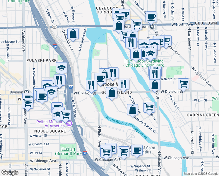 map of restaurants, bars, coffee shops, grocery stores, and more near 1454 North Cherry Avenue in Chicago