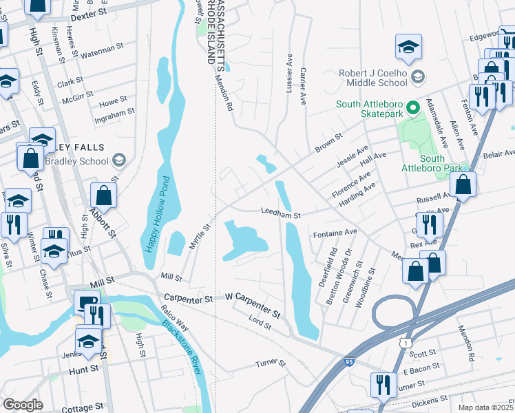 map of restaurants, bars, coffee shops, grocery stores, and more near 91 Leedham Street in Attleboro