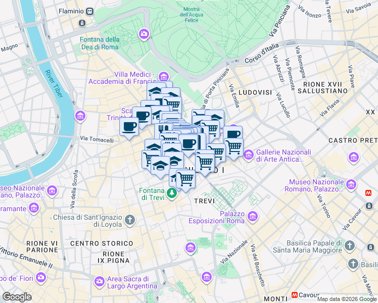 map of restaurants, bars, coffee shops, grocery stores, and more near 43 Via di Capo le Case in Roma