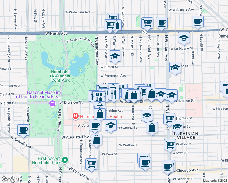 map of restaurants, bars, coffee shops, grocery stores, and more near 1236 North Washtenaw Avenue in Chicago