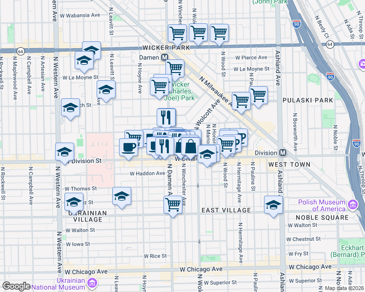 map of restaurants, bars, coffee shops, grocery stores, and more near 1931 West Crystal Street in Chicago