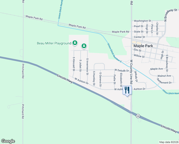 map of restaurants, bars, coffee shops, grocery stores, and more near 629 South Inverness Street in Maple Park
