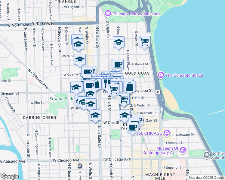 map of restaurants, bars, coffee shops, grocery stores, and more near 1201 North Clark Street in Chicago