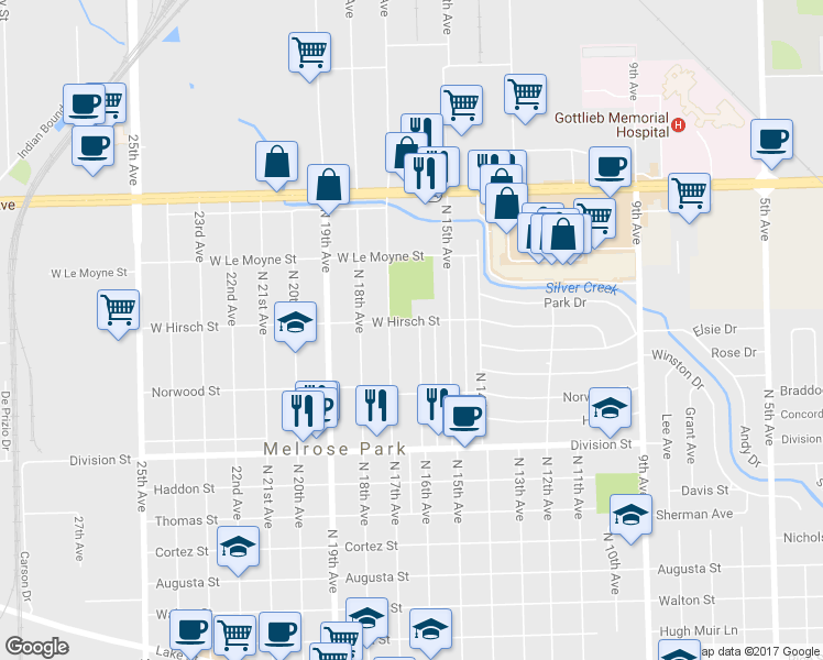 map of restaurants, bars, coffee shops, grocery stores, and more near 1642 N 16th Ave in Melrose Park