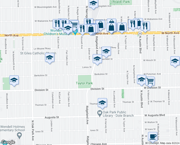 map of restaurants, bars, coffee shops, grocery stores, and more near 408 Berkshire Street in Oak Park