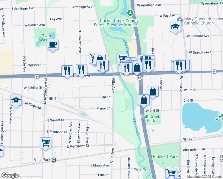 map of restaurants, bars, coffee shops, grocery stores, and more near 724 Villa Avenue in Villa Park