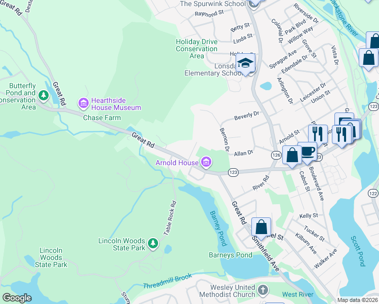 map of restaurants, bars, coffee shops, grocery stores, and more near 6 Denson Rd in Lincoln
